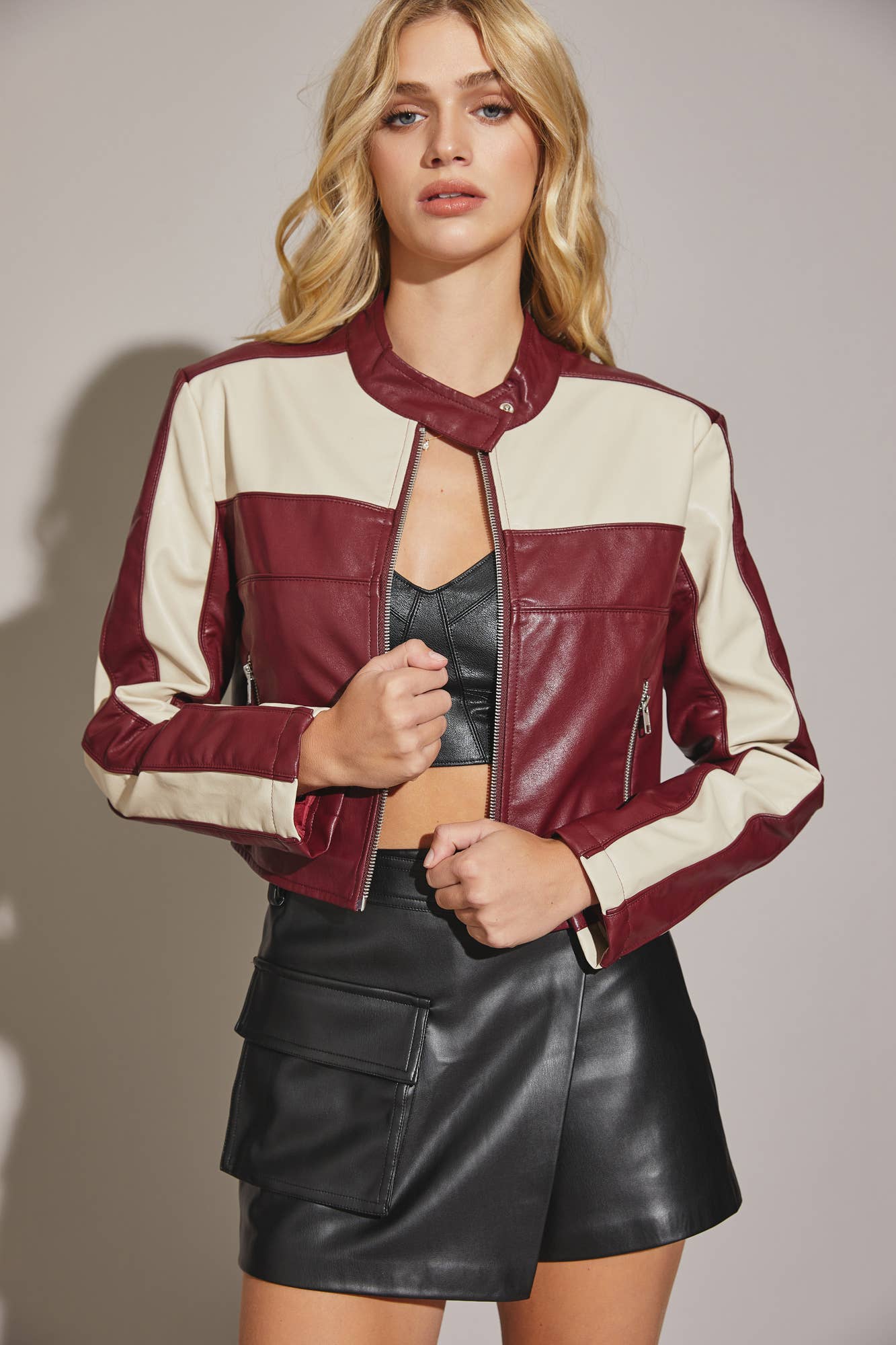 Poppy Color Block Cropped Biker Jacket