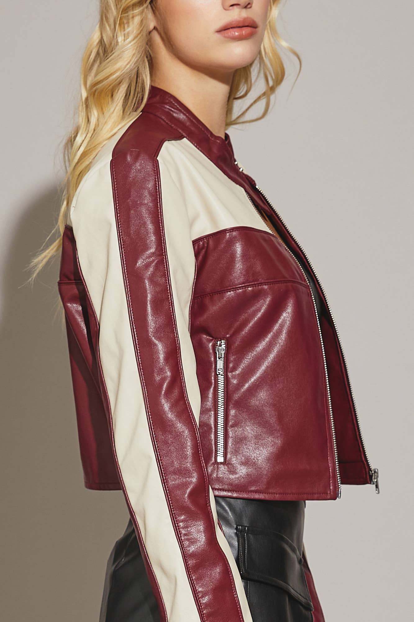 Poppy Color Block Cropped Biker Jacket