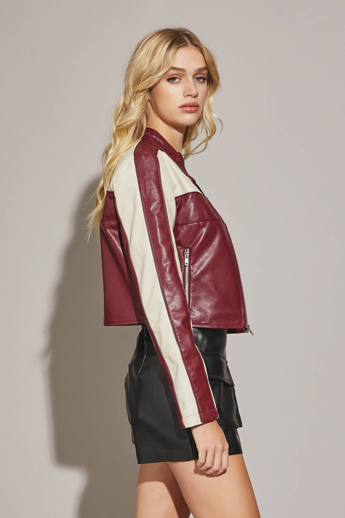 Poppy Color Block Cropped Biker Jacket