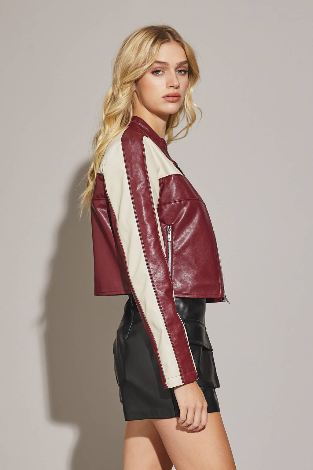 Poppy Color Block Cropped Biker Jacket